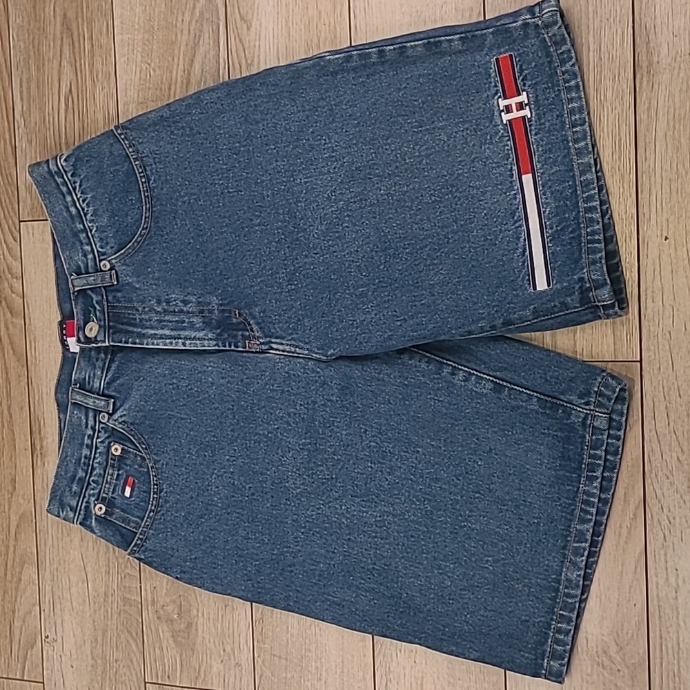 TOMMY HILFIGER Skinny Patch Bottom Logo Sz 18 Casual Boys Jean Shorts VTG 90s